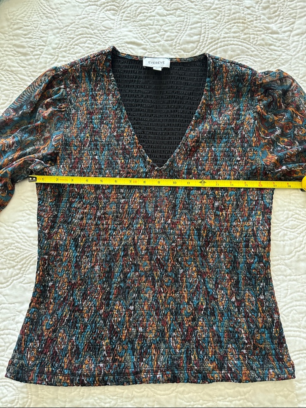 Evereve Long-Sleeve V-Neck Smocked Top in Teal, Gold and Maroon Paisley - Picture 6 of 7